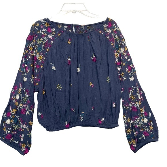 Free People Tops - Free People Boho Blouse Floral Gauze Long Sleeve Crop Top Size XS Indigo Blue